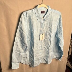 UNTUCKit Women’s 14R 100% Linen NWT Aqua/White Striped Shirt. Very Nice!